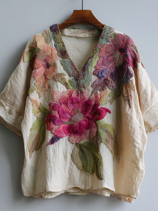 Bohemian-Style Pink Floral Embroidery V-Neck Short-Sleeved Shirt with Sequins