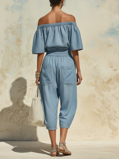 Off-The-Shoulder Denim Linen Blend Culotte Jumpsuit