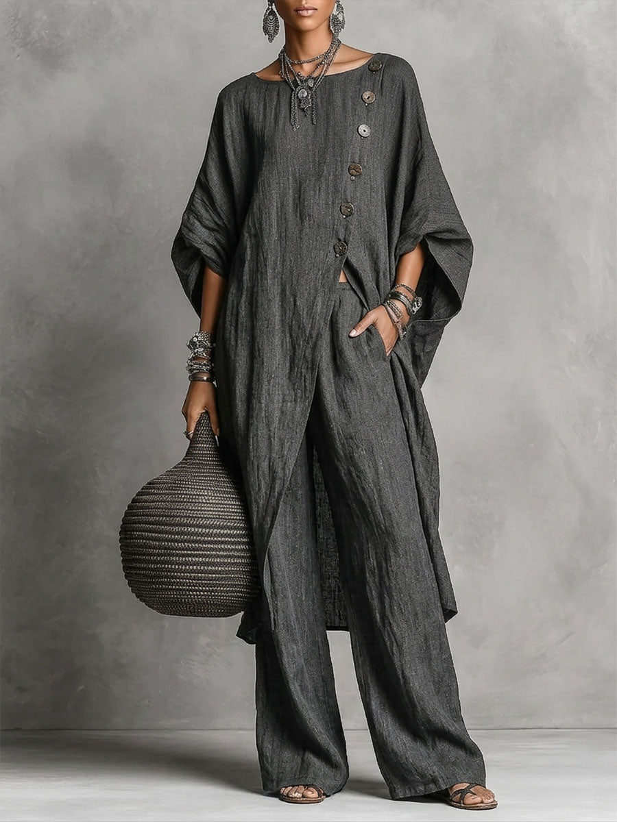 Casual Two-Piece Set: Side-Slit Button-Up Top and Loose-Fit Pants
