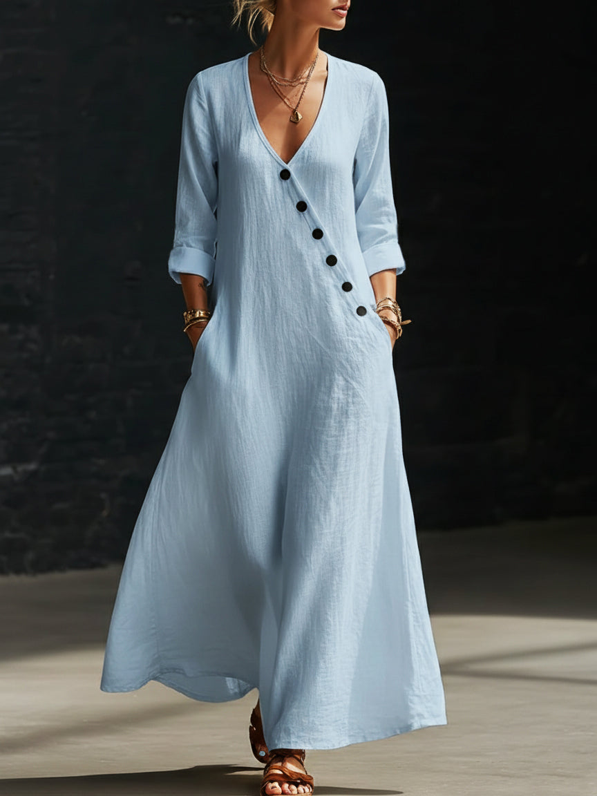 Minimalist Button-Up V-Neck Linen Dress