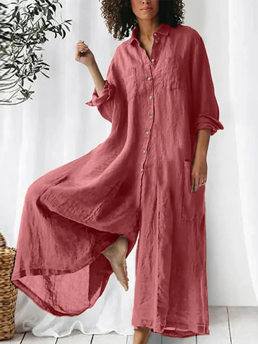 Solid Color Art Casual Long-Sleeve Cotton Linen Jumpsuit