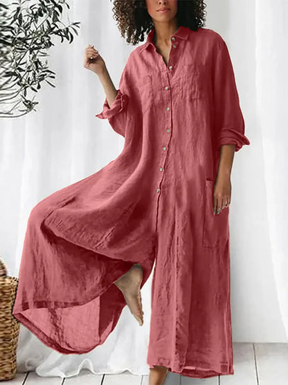Solid Color Art Casual Long-Sleeve Cotton Linen Jumpsuit