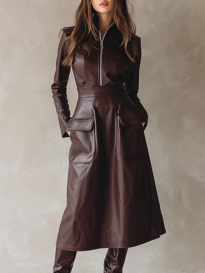 Retro Eco-Friendly Leather Half-Open Zipper Flap Pocket Midi Dress