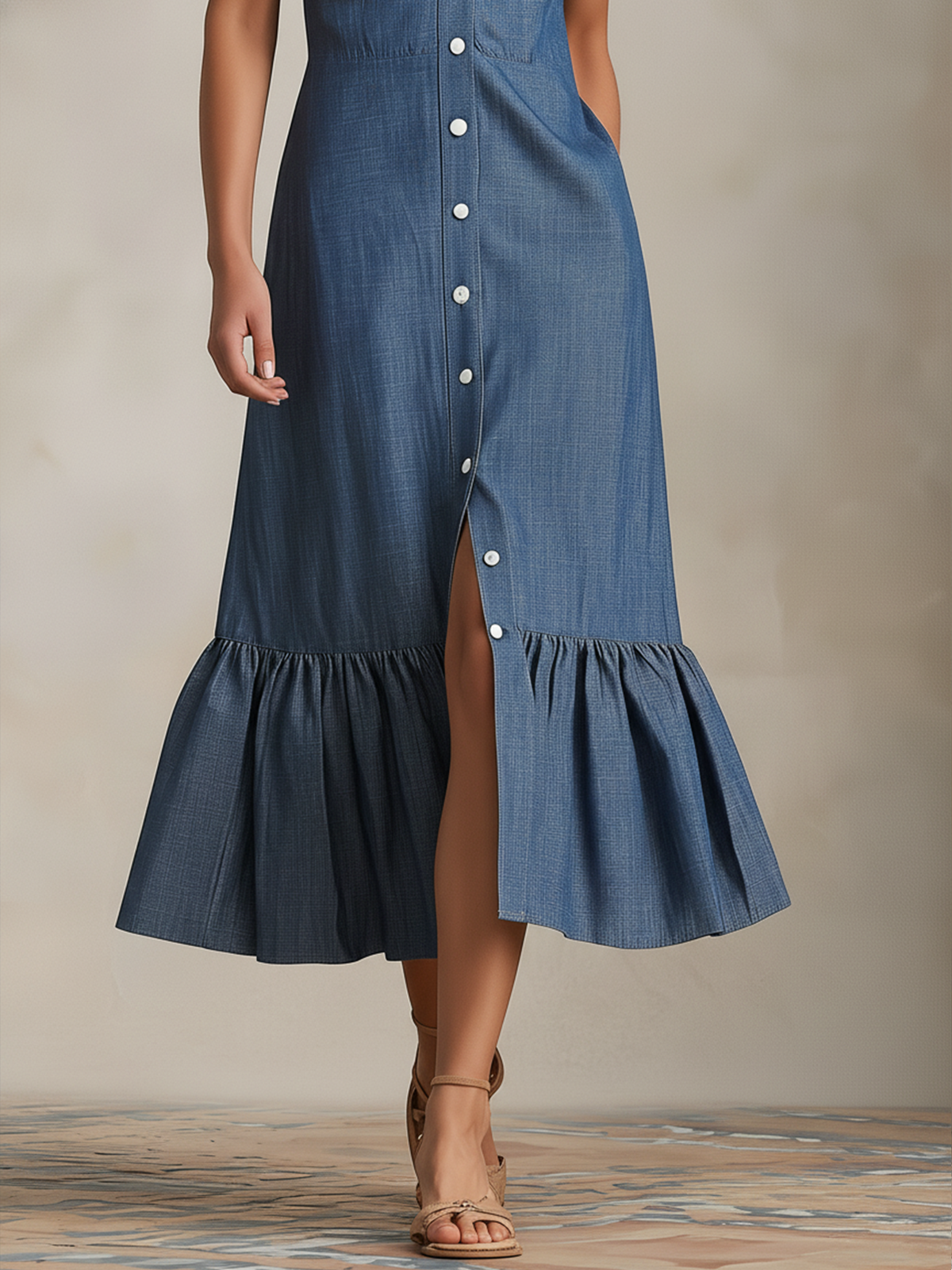 Chambray Denim Button-Front Midi Dress with Ruffle Hem