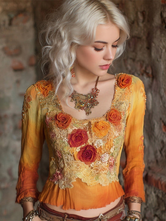 Autumn Floral Vintage Lace Patchwork Art Long-Sleeve Top