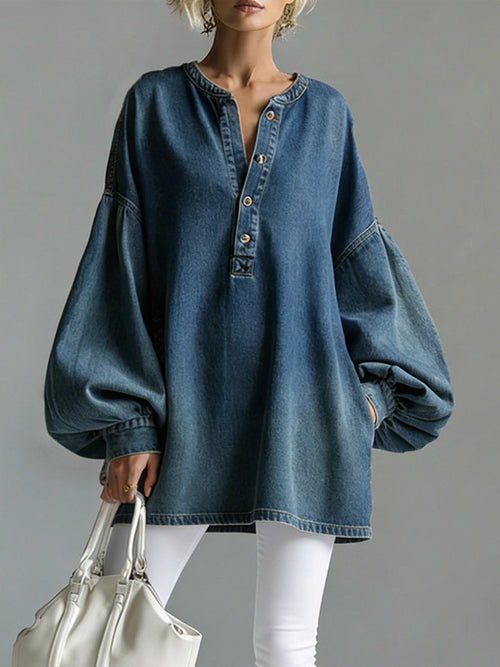V-Neck Long-Sleeved Casual Loose Denim Top