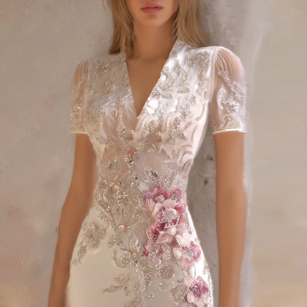 Bohemian Style Pink Flower Silver Sequin Small V-Neck Short-Sleeved Long Dress