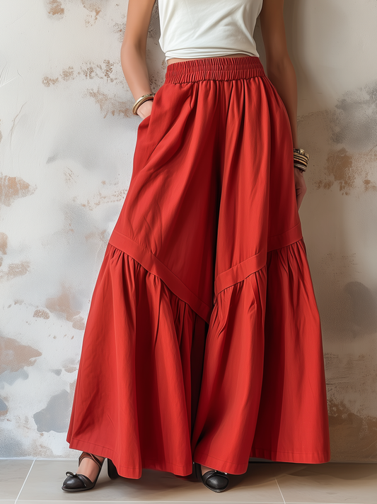 Red Tiered Wide-Leg Palazzo Pants with Elastic Waist and Pockets