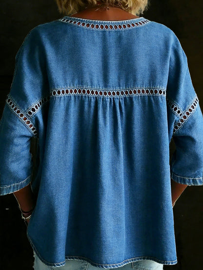 Solid Color Casual Loose Denim Blouse Shirt