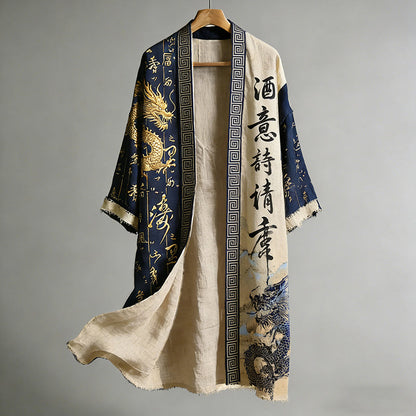 Japanese Calligraphy and Dragon Art Combined in a Linen Blend Kimono