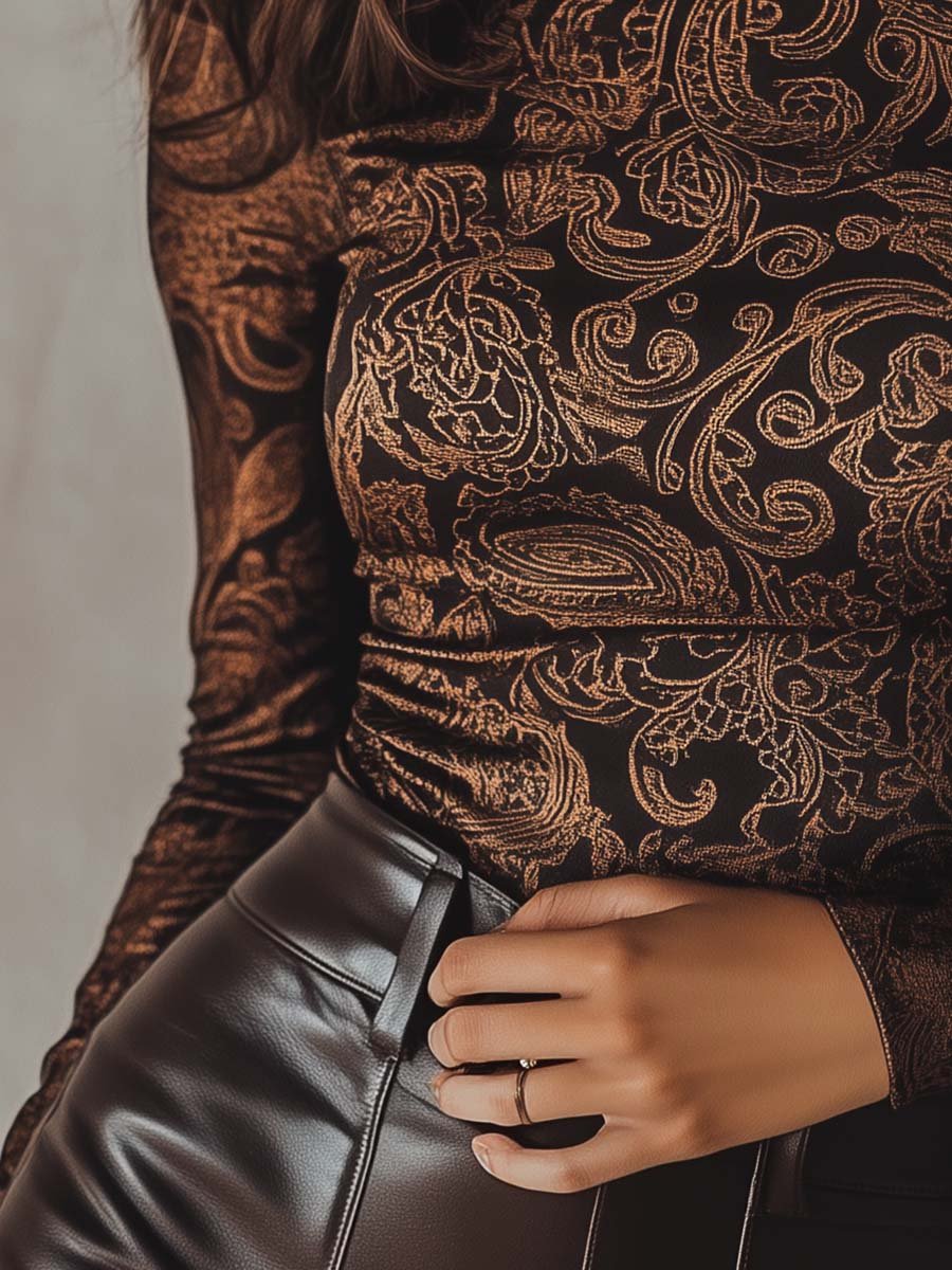 Retro Turtleneck Paisley Long-Sleeve T-Shirt