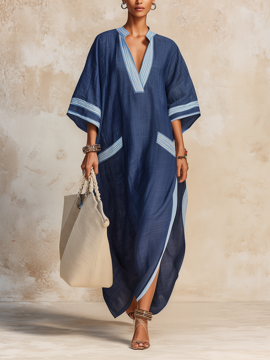 Navy Striped Linen-Blend Kaftan Maxi Dress with Breathable Resort Cover-Up
