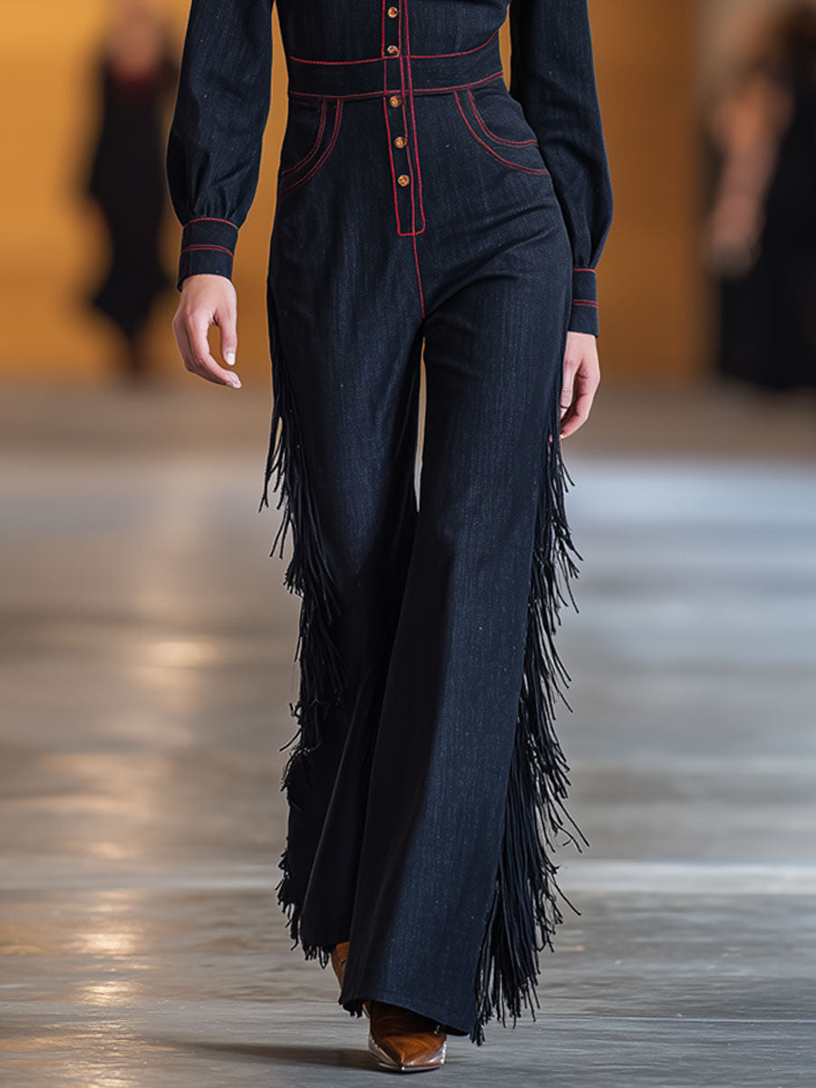 Retro Red Topstitched Navy Denim Long-Sleeve Flared Tassel Jumpsuit