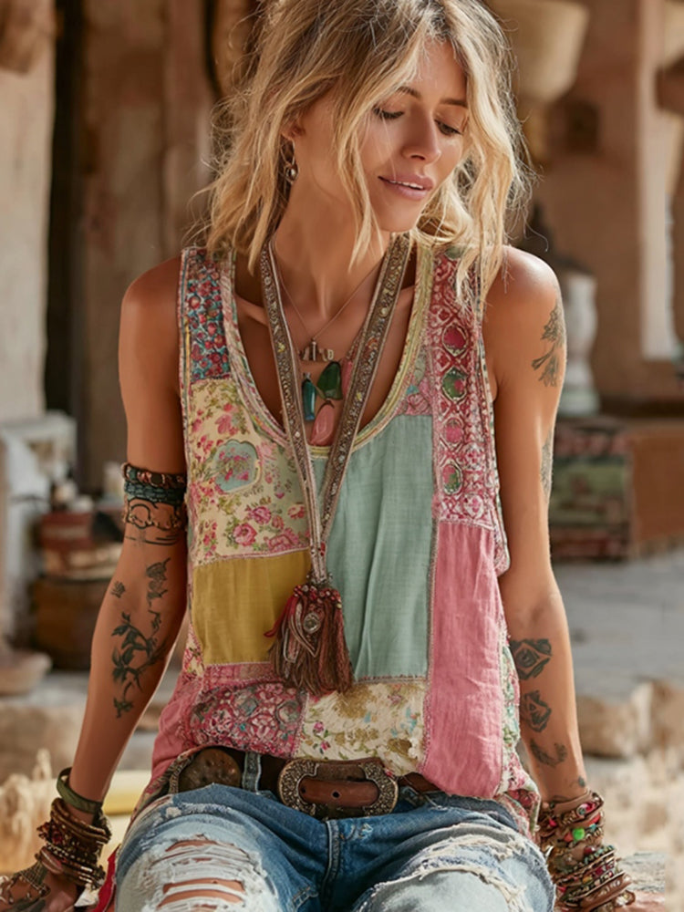 Vintage Floral Patch Art Linen Tank Top