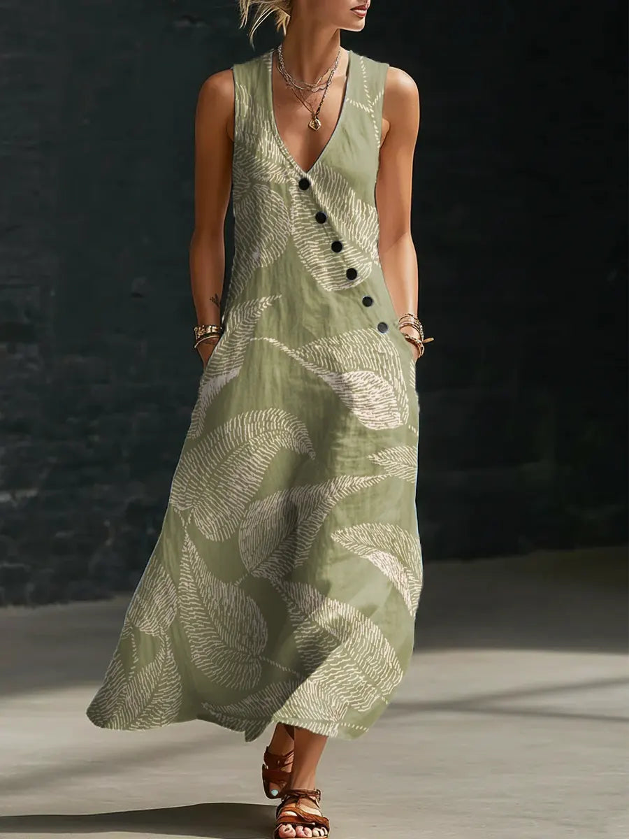Floral Pattern Art Print Casual Cotton Linen Dress