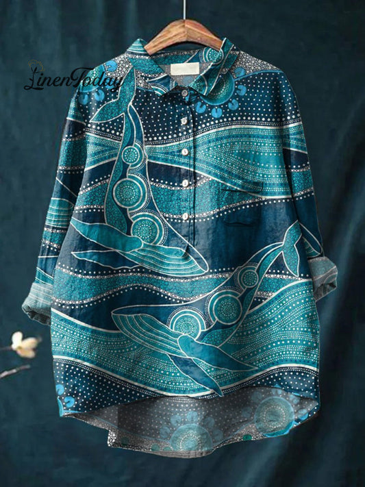 Whale and Ocean Art Printed Casual Cotton and Linen Shirt