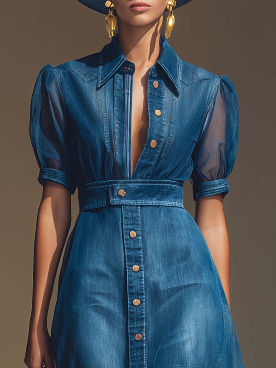 Exquisite Fashionable Front Button V-Neck Short-Sleeved Outer Cover Organza Blue Denim Maxi Dress