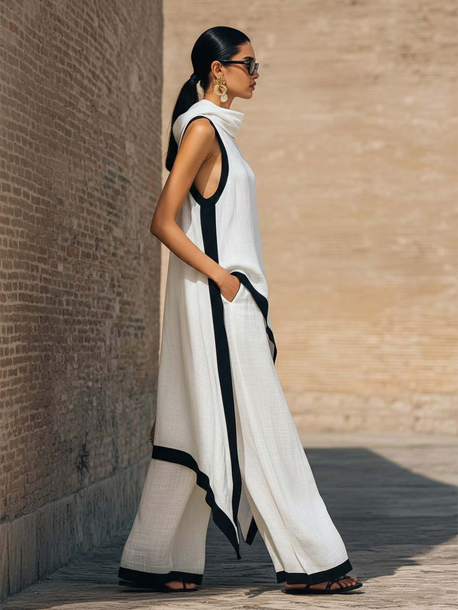Artistic Cut Trim Elegant Linen Cotton Two-Piece Set