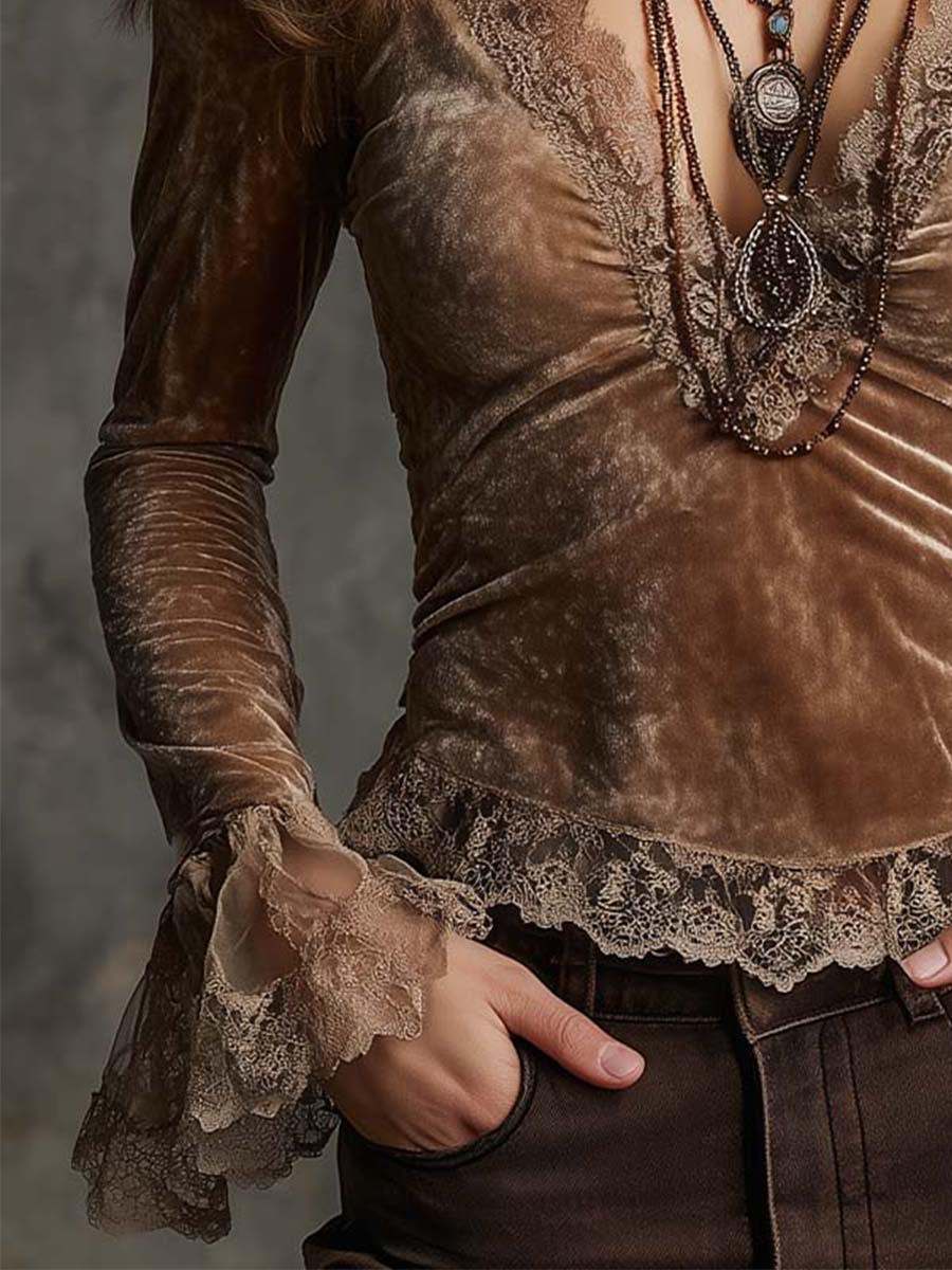 Vintage Light Brown Velvet Lace Trim Long-Sleeve Top