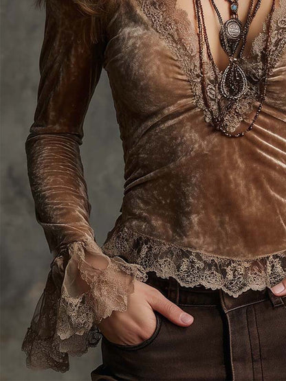 Vintage Light Brown Velvet Lace Trim Long-Sleeve Top