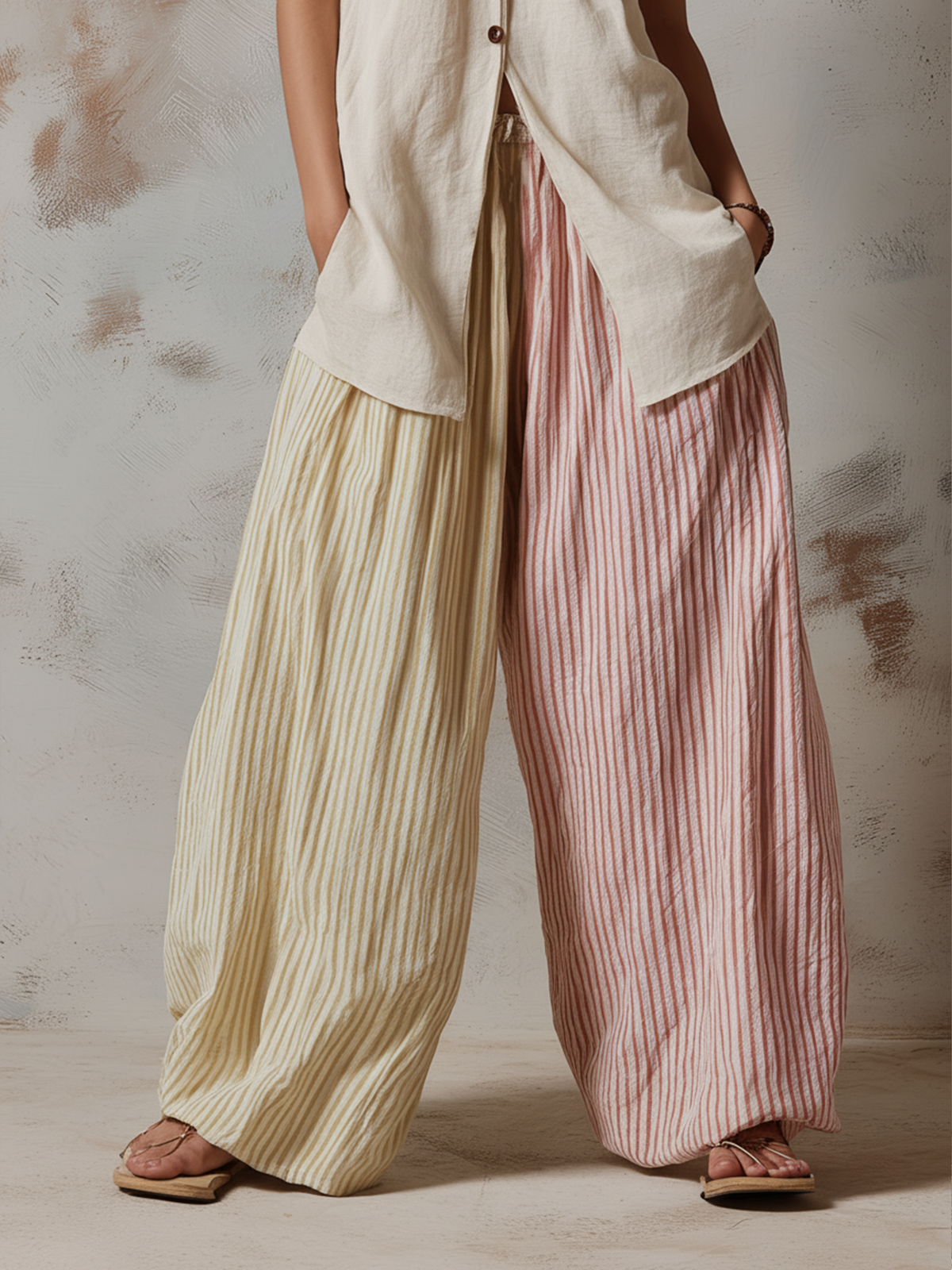 Linen Blend Sleeveless Vest and Two-Tone Striped Wide-Leg Pants Set