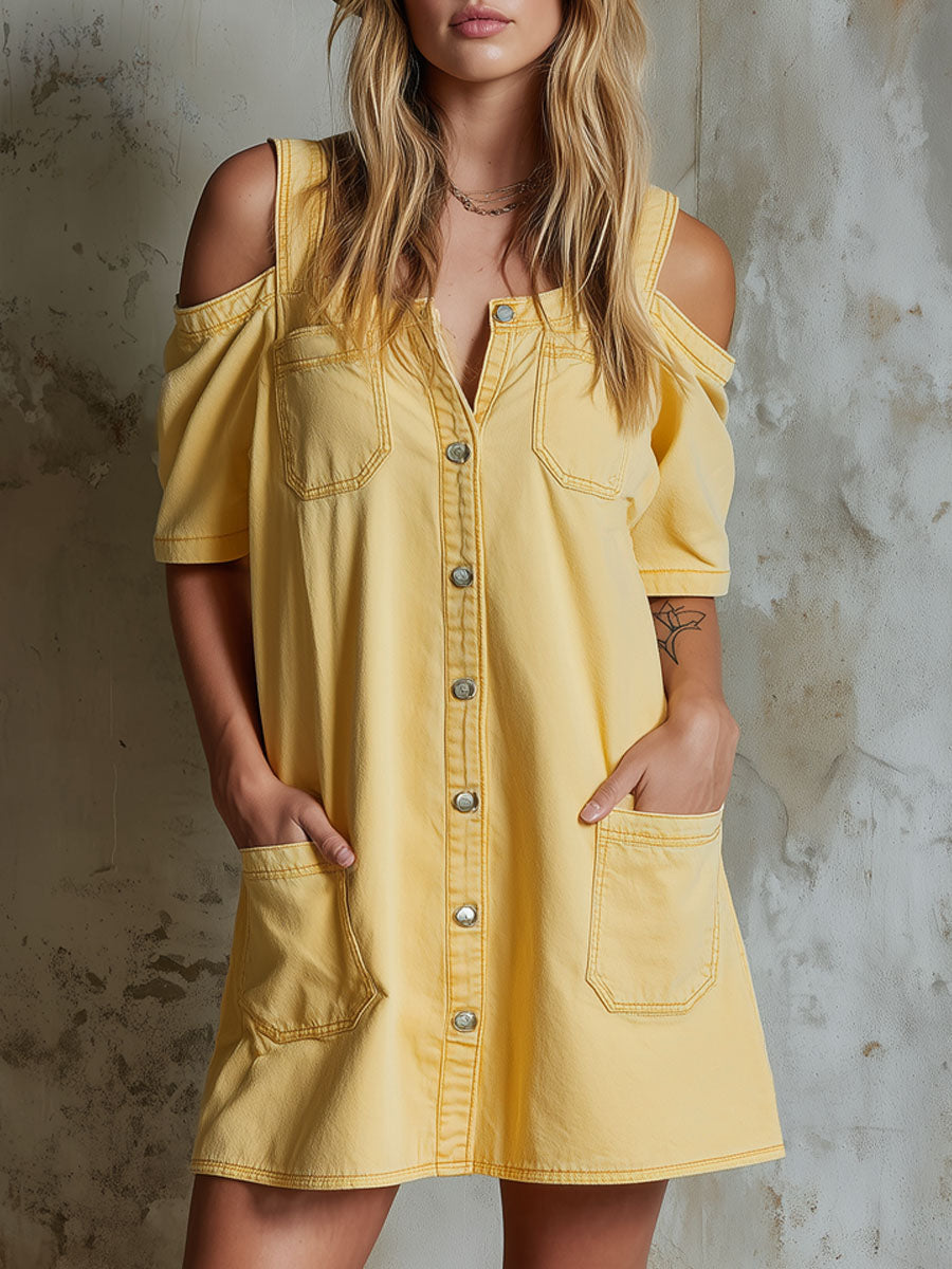 Loose-Fitting Cold-Shoulder Short-Sleeved Single-Breasted Mini Dress