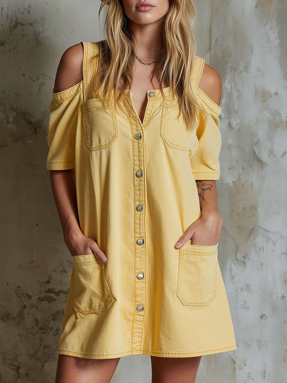 Loose-Fitting Cold-Shoulder Short-Sleeved Single-Breasted Mini Dress