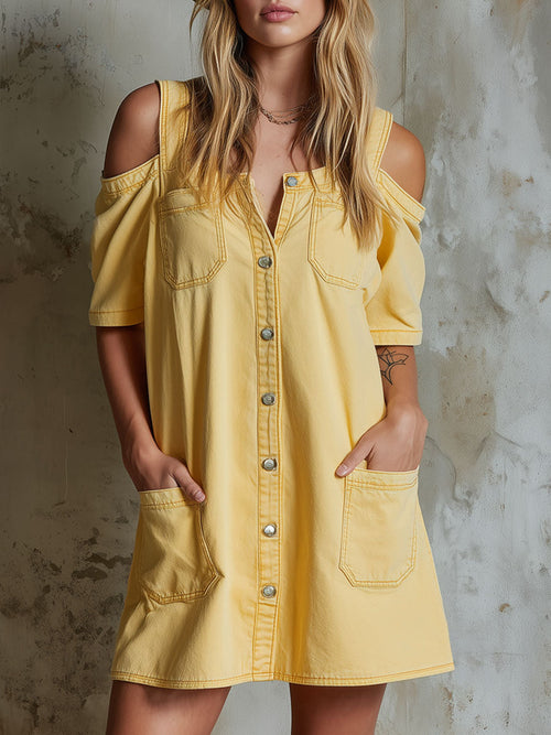 Loose-Fitting Cold-Shoulder Short-Sleeved Single-Breasted Mini Dress