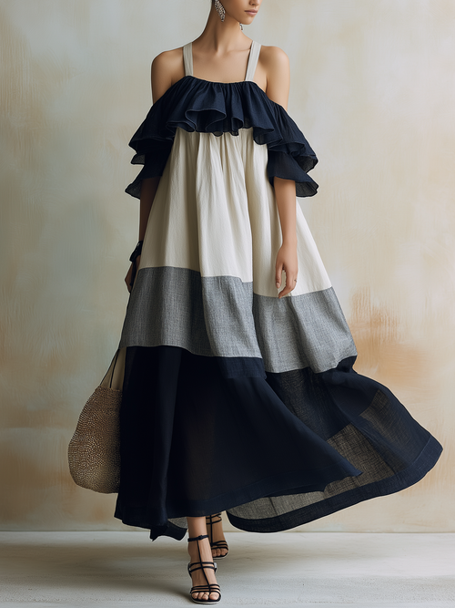Cold Shoulder Ruffle Tiered Linen Maxi Dress | Colorblock Boho Summer Gown