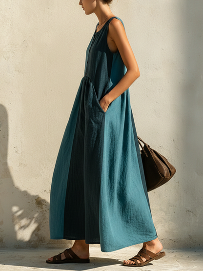 Teal Colorblock Sleeveless Linen-Blend Maxi Dress