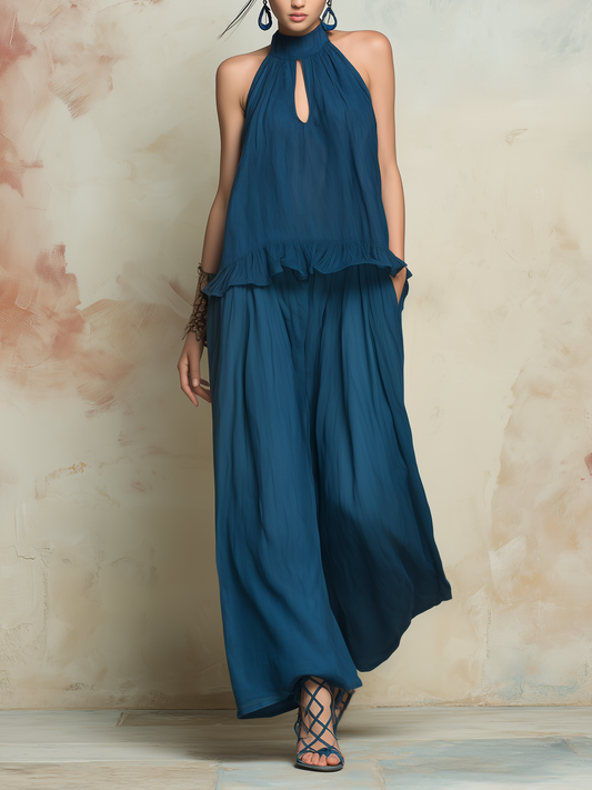 Teal Tencel Denim Halter Ruffle Top and Wide-Leg Pants Set | Boho Relaxed Two-Piece Outfit
