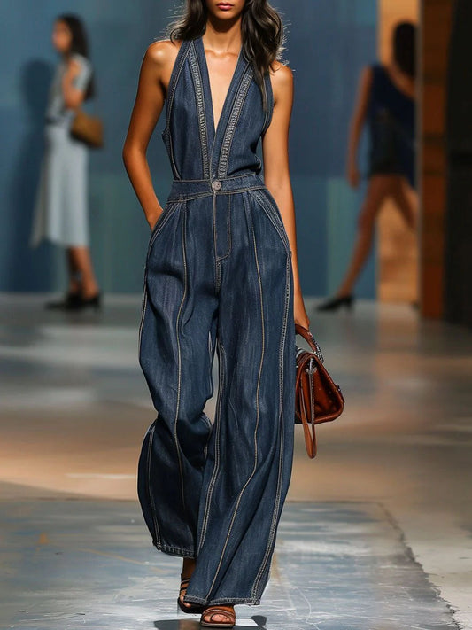 V-Neck Sleeveless Casual Loose Denim Jumpsuit with Wide Legs