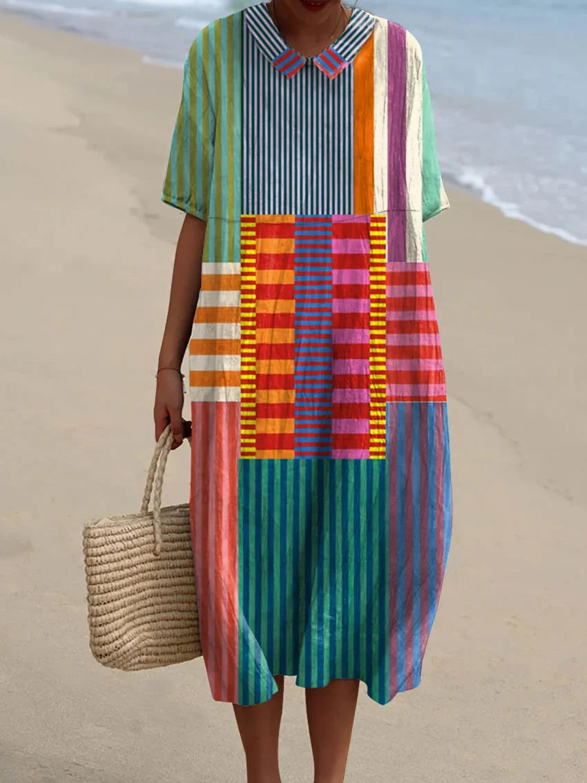 Colorful Patchwork Striped Cotton Linen 3/4-Sleeve Shirt