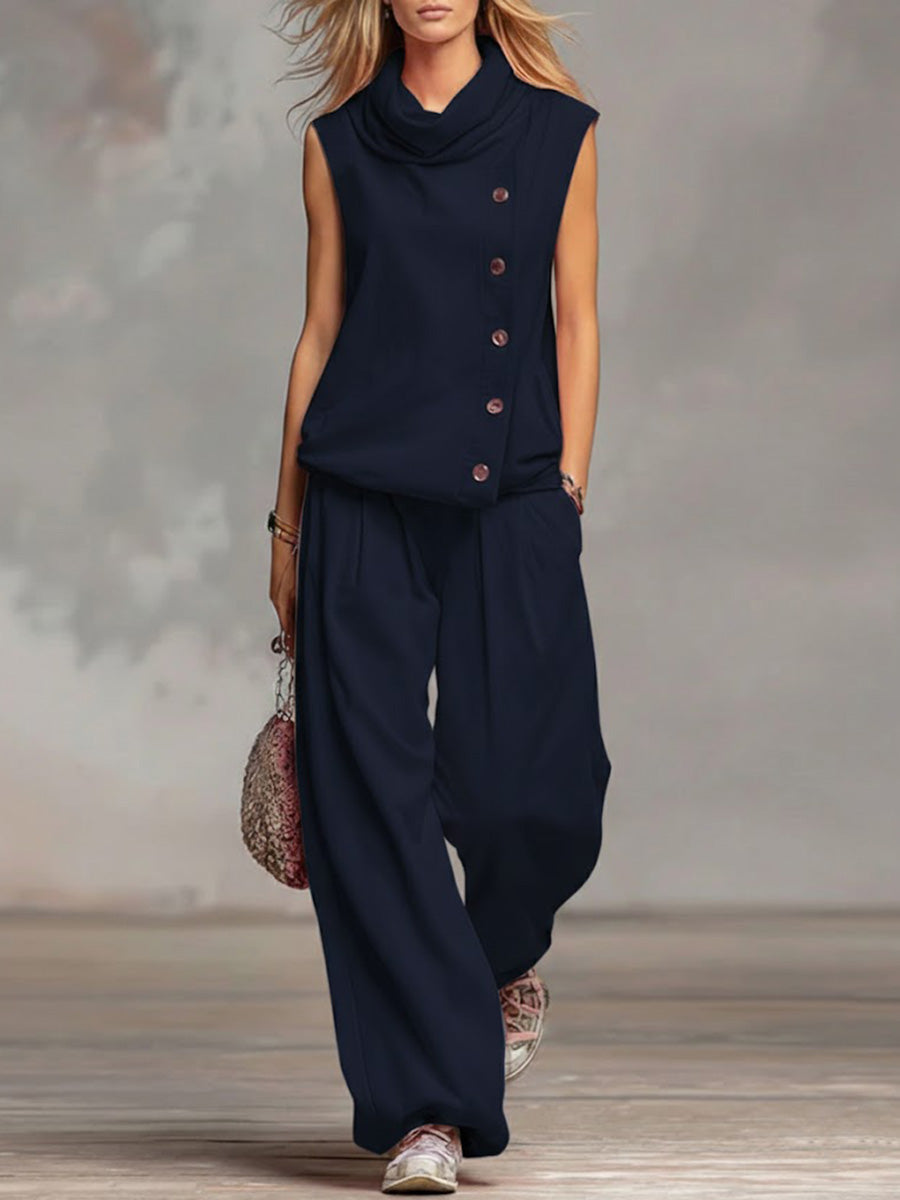 Solid Color Stand-Collar Sleeveless Casual Loose Cotton Top and High-Waisted Loose Wide-Leg Pants Set