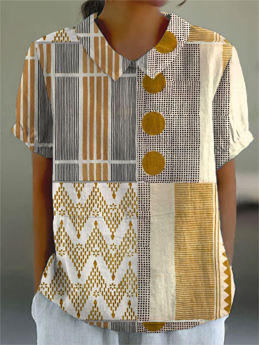 Vintage Abstract Geometry Art Print Casual Cotton and Linen 3/4-Sleeve Shirt