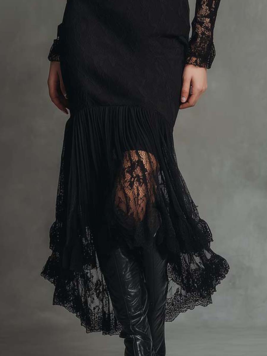 Black Lace-Panel Pleated Hem Maxi Dress