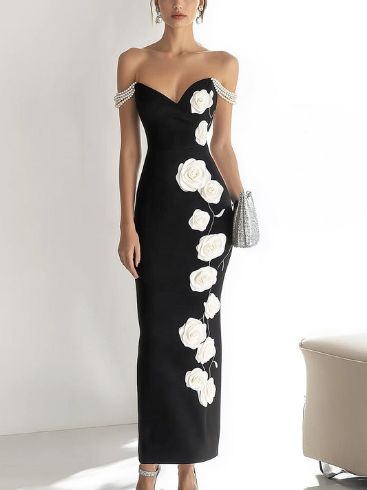 Chic Black Satin One Side Rose Print Pearl Straps Dress