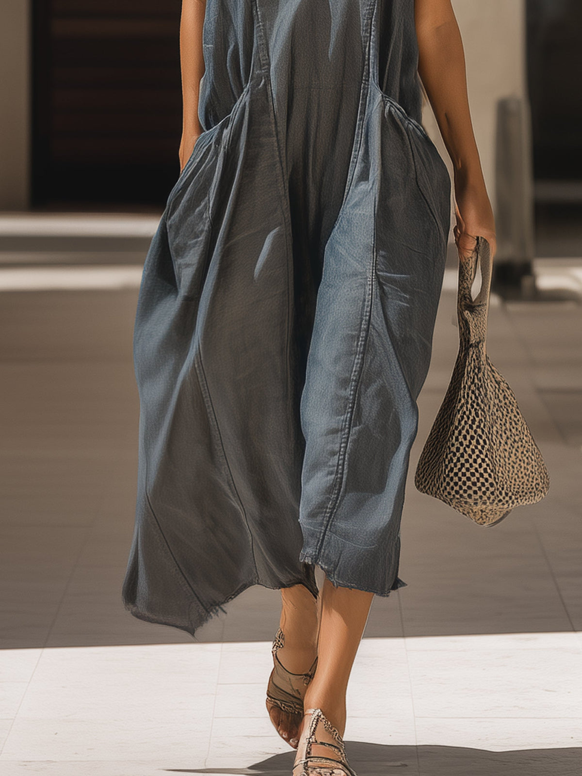 Double Strap V-Neck Chambray Jumpsuit with Pockets