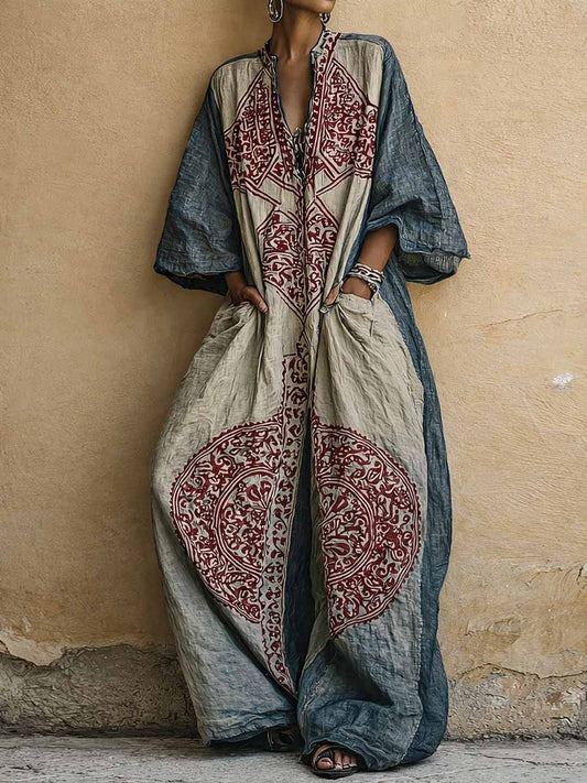 Vintage Print V-Neck 3/4-Sleeve Cotton-Linen Jumpsuit