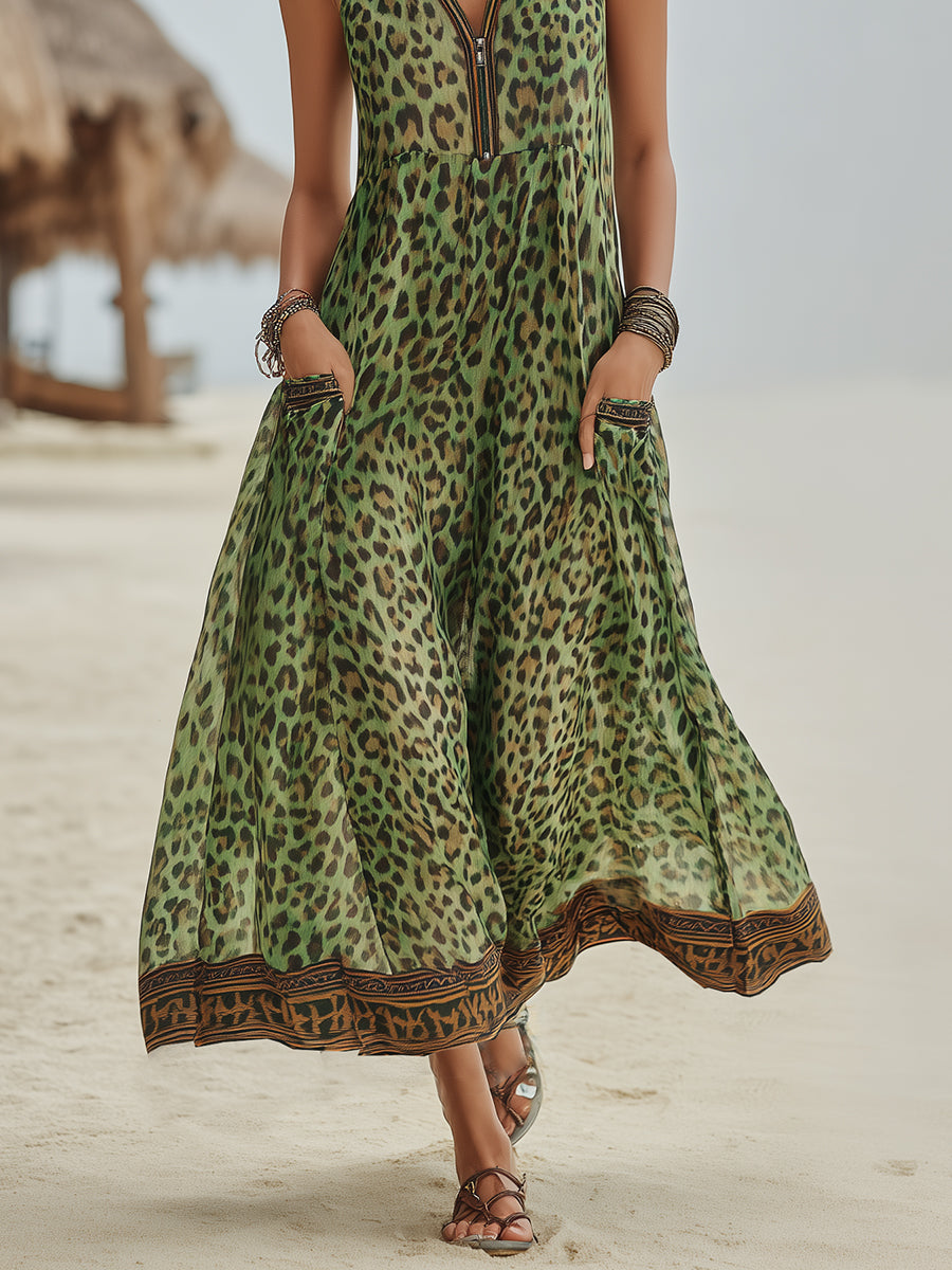 Retro Casual Green Leopard Print Art Hooded Midi Dress