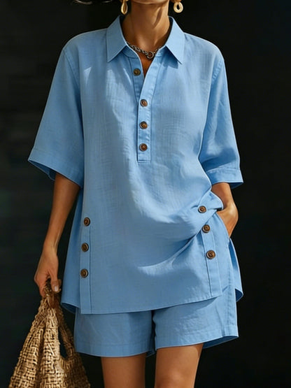 Linen Shirt and Shorts Two-Piece Set with Casual Cozy Loose-Fitting Button-Up Summer Outfit