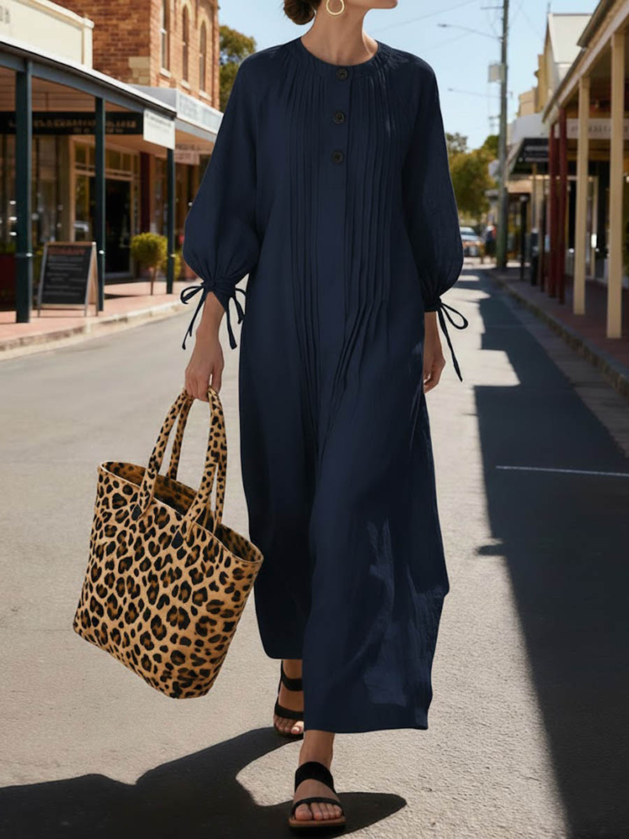 Solid Color Round Neck Long-Sleeved Casual Loose Pleated Cotton and Linen Dress