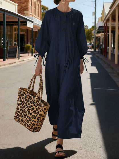 Solid Color Round Neck Long-Sleeved Casual Loose Pleated Cotton and Linen Dress