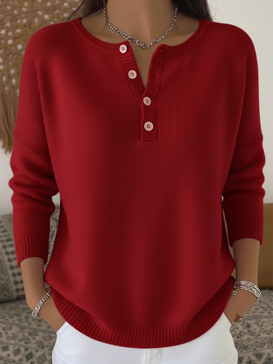 Soft Solid Color Henley Collar Sweater Top