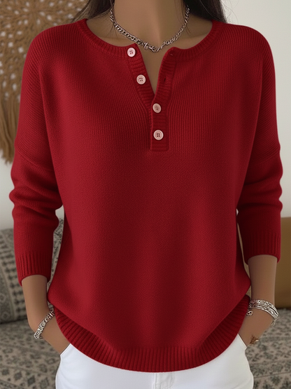Soft Solid Color Henley Collar Sweater Top