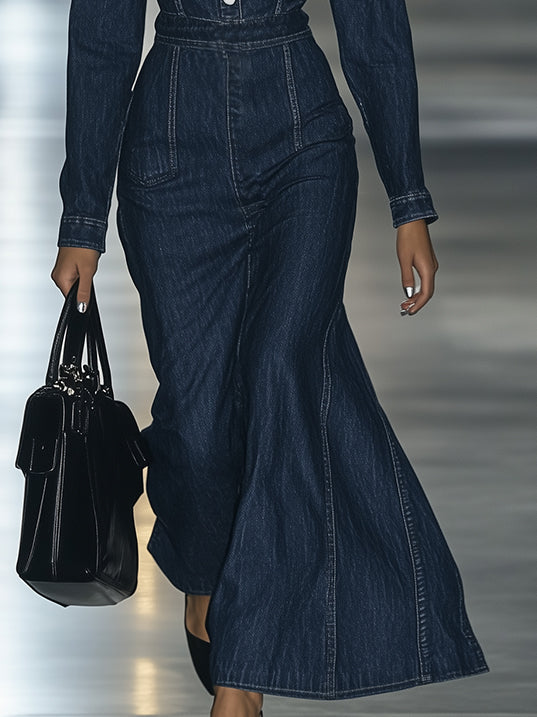 [24-Hour Shipping Out]casual Slim Fit Vintage Lace-Up Long-Sleeve Denim Maxi Dress