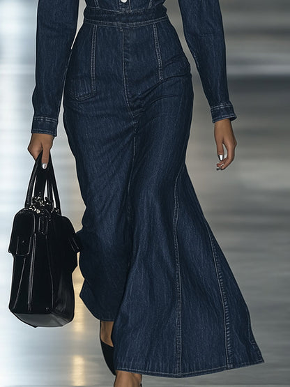 [24-Hour Shipping Out]casual Slim Fit Vintage Lace-Up Long-Sleeve Denim Maxi Dress