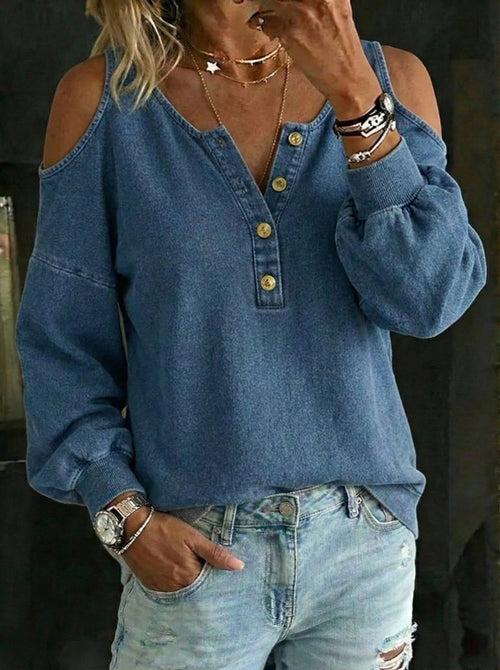 Round Neck Off-the-Shoulder Long-Sleeved Casual Loose-Fitting Denim Top