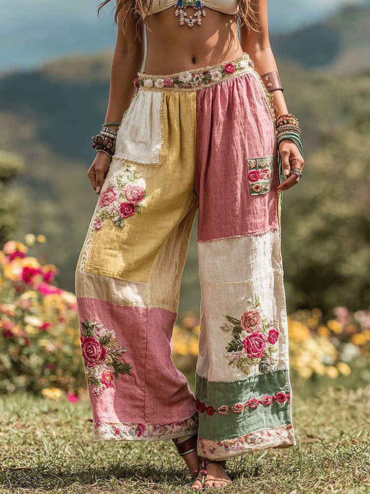 Vintage Floral Art Linen Casual Wide-Leg Pants