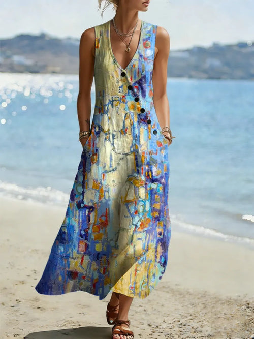 Abstract Pattern Art Print Casual Cotton Linen Dress